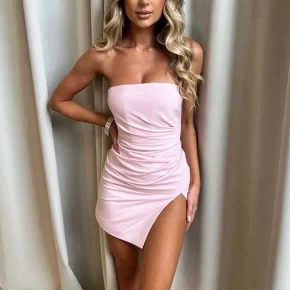 Dresses & Skirts - Baby Boo Christiana Strapless Mini Cocktail Slit Dress Baby Pink Wedding Guest